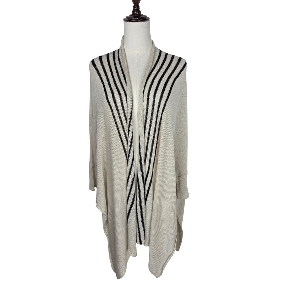 Wooden Ships Wrap Cardigan M/L Cream Black Striped Draped Open Front Knit Preppy